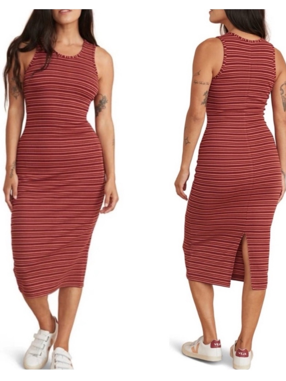 Marine Layer Lexi Sleeveless Ribbed Midi Dress Medium red stripe‎ tank bodycon